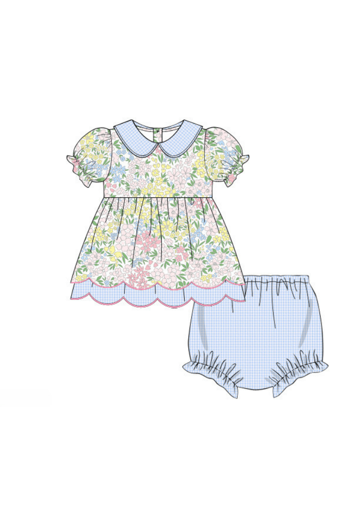 The Smocked Flamingo Apparel & Accessories Pre-Order Pretty Blue Floral Scalloped Knit Bloomer Set