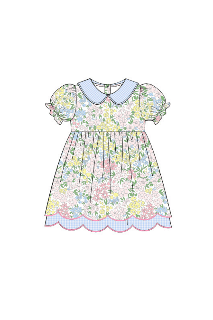 The Smocked Flamingo Apparel & Accessories Pre-Order Pretty Blue Floral Scalloped Knit Dress