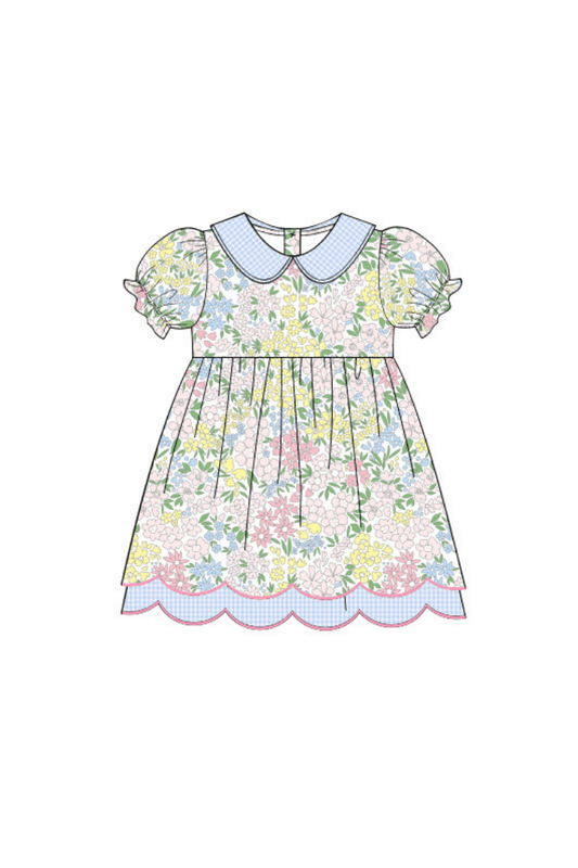 The Smocked Flamingo Apparel & Accessories Pre-Order Pretty Blue Floral Scalloped Knit Dress