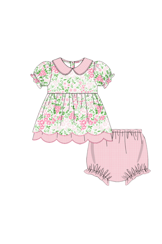 The Smocked Flamingo Apparel & Accessories Pre-Order Pretty Pink Floral Scalloped Knit Bloomer Set