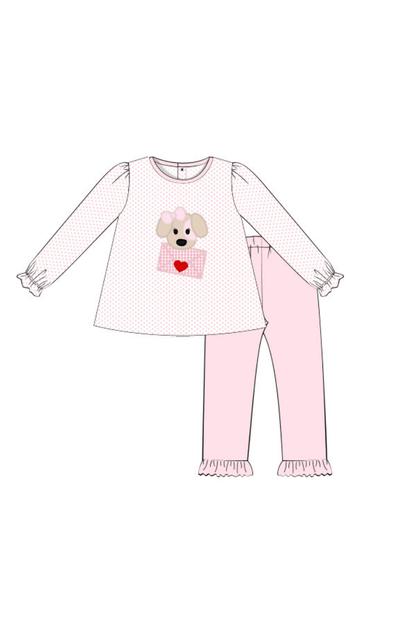 The Smocked Flamingo Apparel & Accessories Pre-Order Puppy Love Applique Pink Polka Dot Knit Pant Set