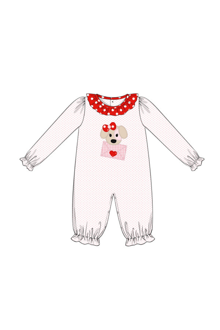 The Smocked Flamingo Apparel & Accessories Pre-Order Puppy Love Applique Pink/Red Polka Dot Knit Romper