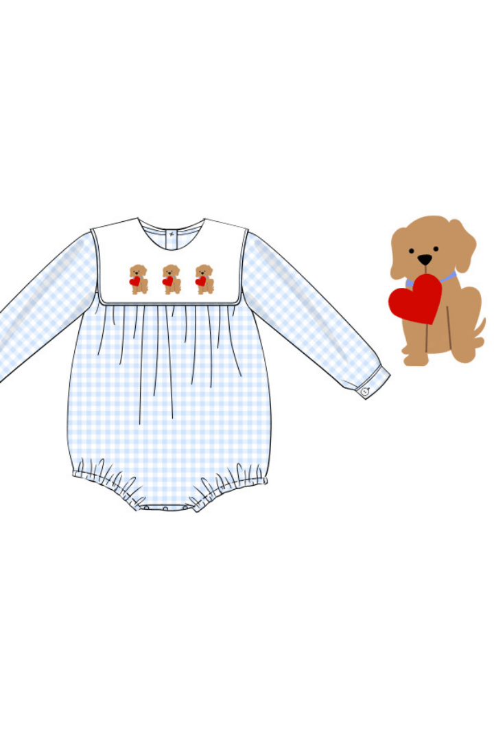 The Smocked Flamingo Apparel & Accessories Pre-Order Puppy Love Blue Gingham Bubble