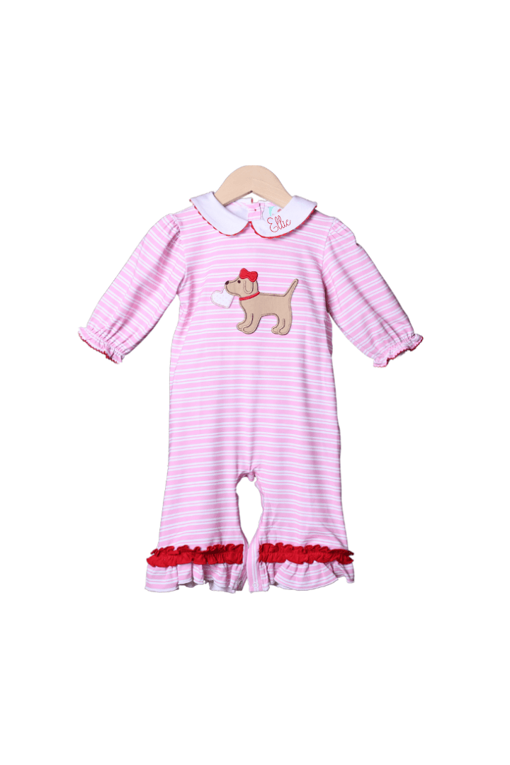 The Smocked Flamingo Apparel & Accessories Pre-Order Puppy Love Pink Stripe Ruffle Romper