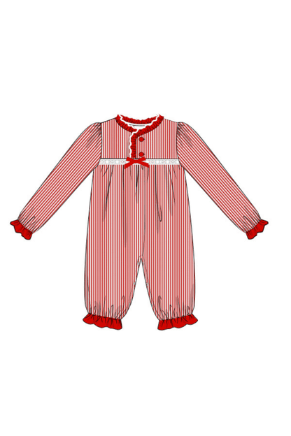 The Smocked Flamingo Apparel & Accessories Pre-Order Red Christmas Stripe Ruffle Romper Pajamas