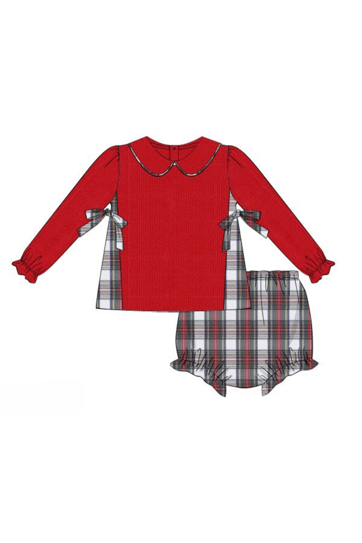 The Smocked Flamingo Apparel & Accessories Pre-Order Red Corduroy Tartan Bow Bloomer Set