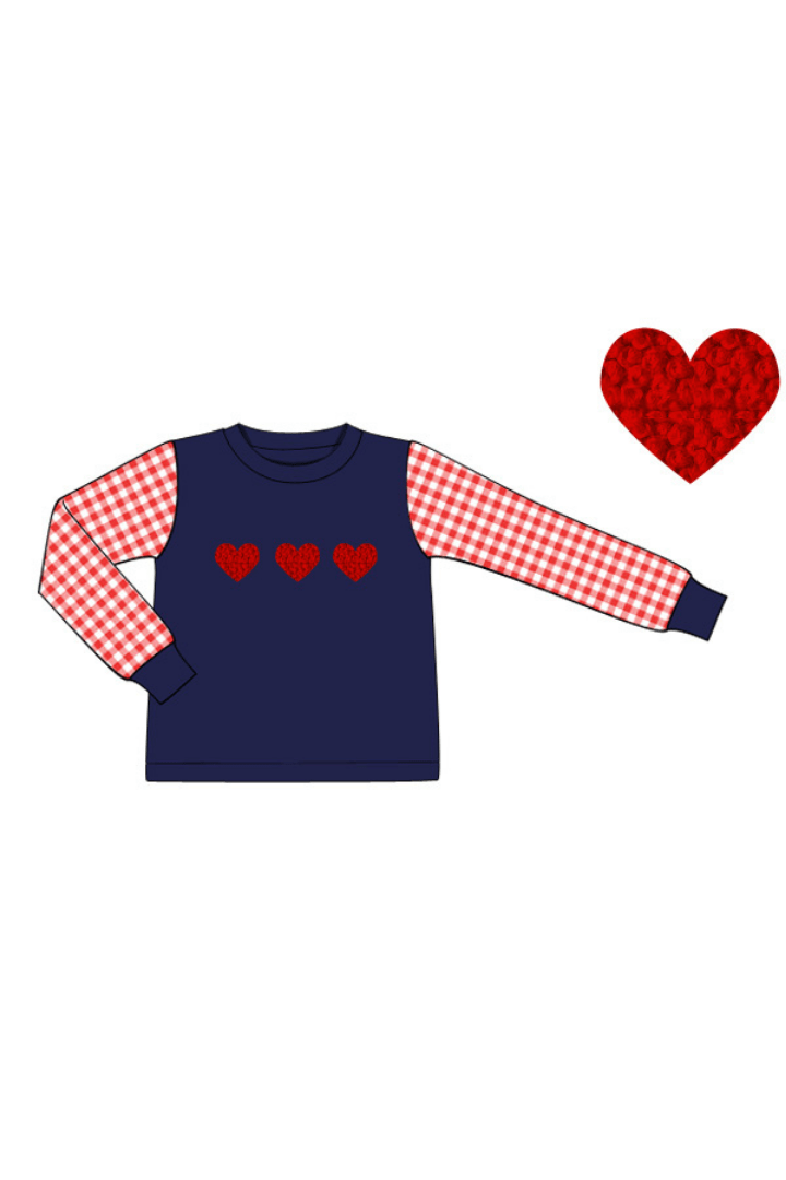 The Smocked Flamingo Apparel & Accessories Pre-Order Red French Knot Heart Navy Gingham Shirt