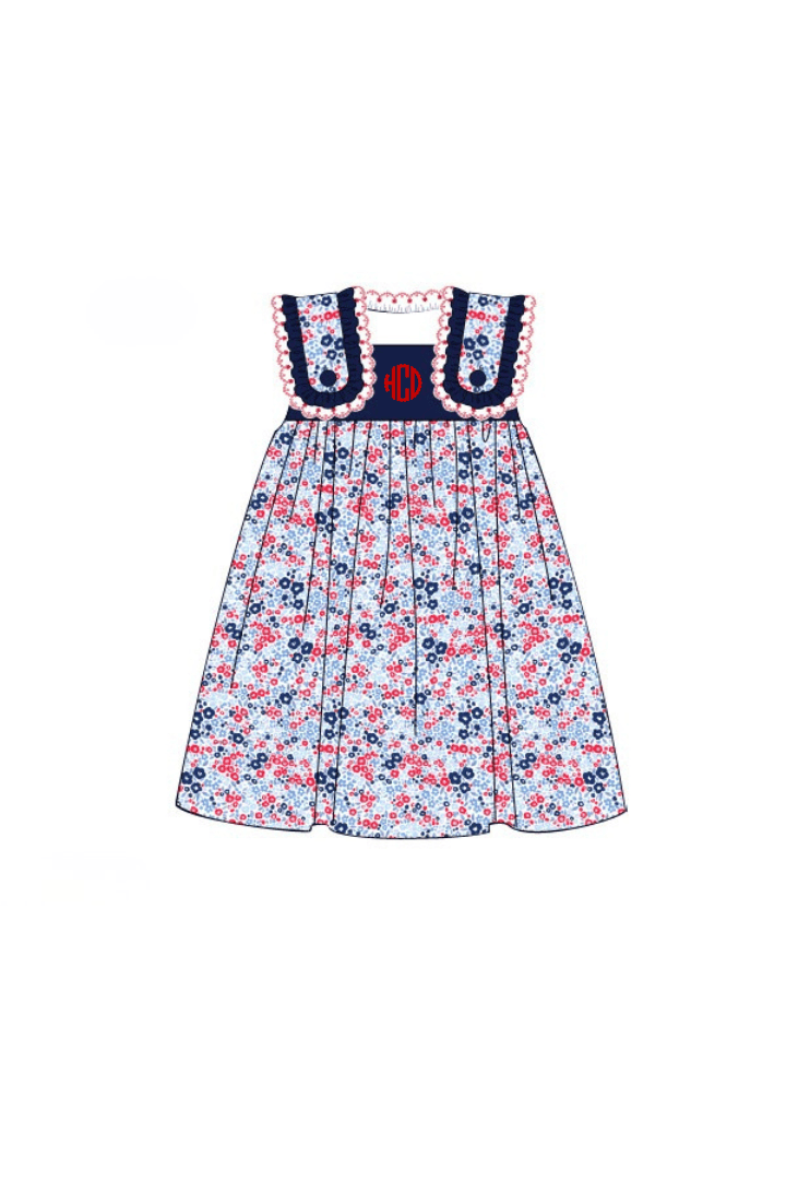 The Smocked Flamingo Apparel & Accessories Pre-Order Red, White and Blue Floral Lace Dress