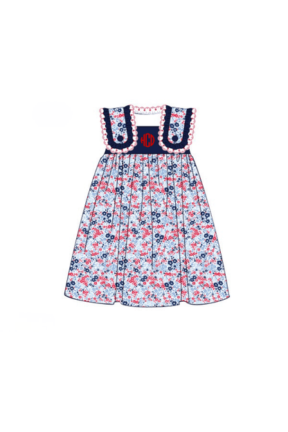 The Smocked Flamingo Apparel & Accessories Pre-Order Red, White and Blue Floral Lace Dress
