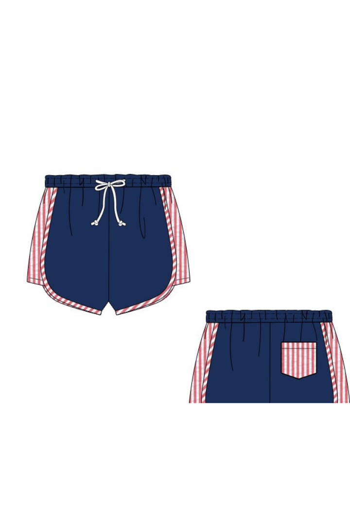 The Smocked Flamingo Apparel & Accessories Pre-Order Red, White and Blue Seersucker Swim Trunks