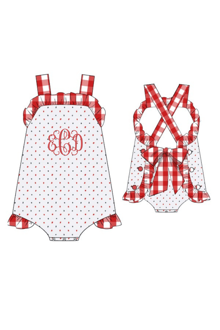 The Smocked Flamingo Apparel & Accessories Pre-Order Red, White and Blue Swiss Dot Sun Suit