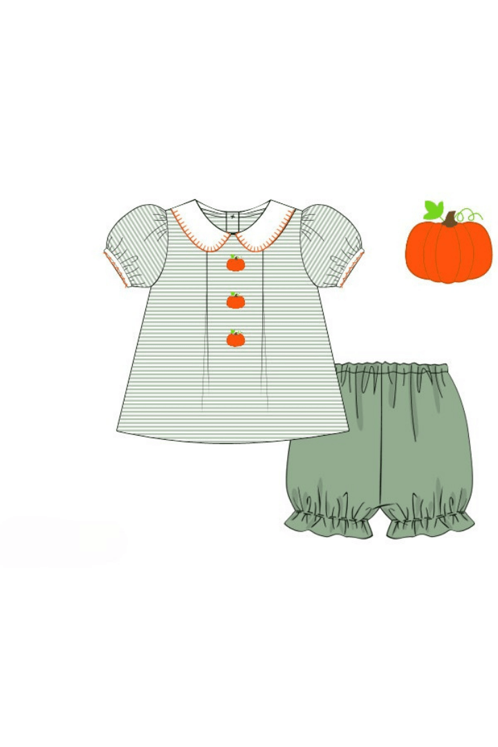 The Smocked Flamingo Apparel & Accessories Pre-Order Sage Stripe Pumpkin Set