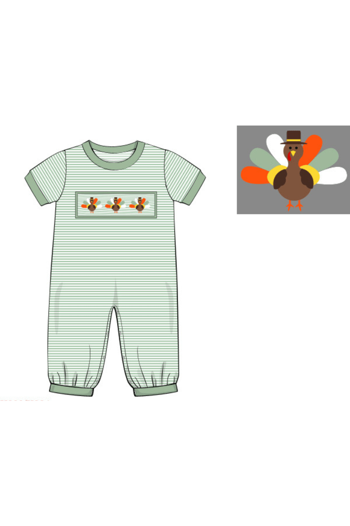 The Smocked Flamingo Apparel & Accessories Pre-Order Sage Stripe Tom Turkey Romper