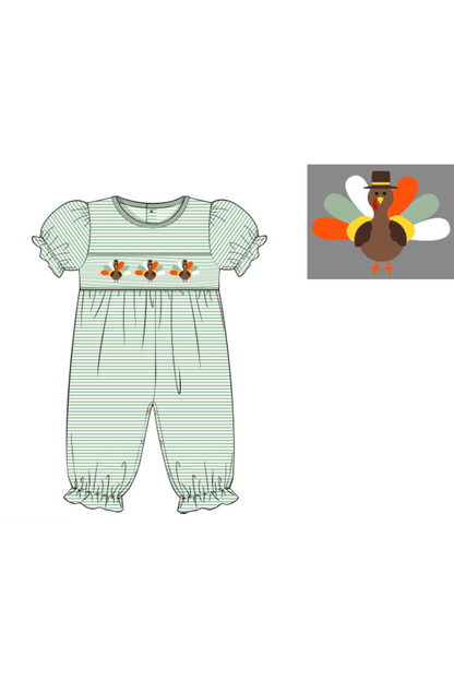 The Smocked Flamingo Apparel & Accessories Pre-Order Sage Stripe Tom Turkey Romper-Girl