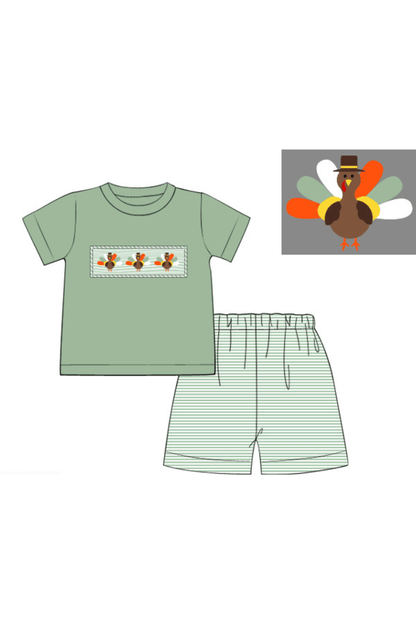 The Smocked Flamingo Apparel & Accessories Pre-Order Sage Stripe Tom Turkey Short Set