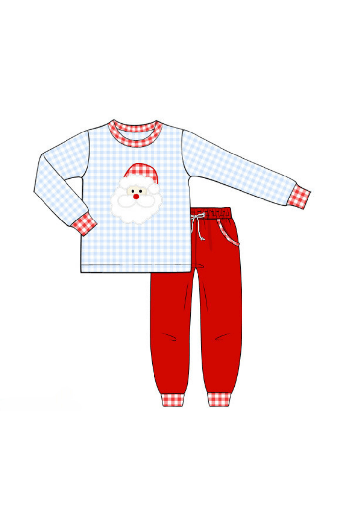 The Smocked Flamingo Apparel & Accessories Pre-Order Santa Applique Blue Gingham Jogger Set