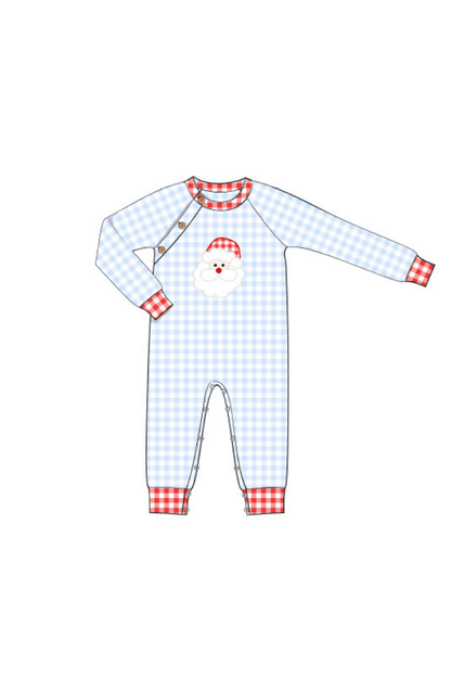 The Smocked Flamingo Apparel & Accessories Pre-Order Santa Applique Blue Gingham Romper