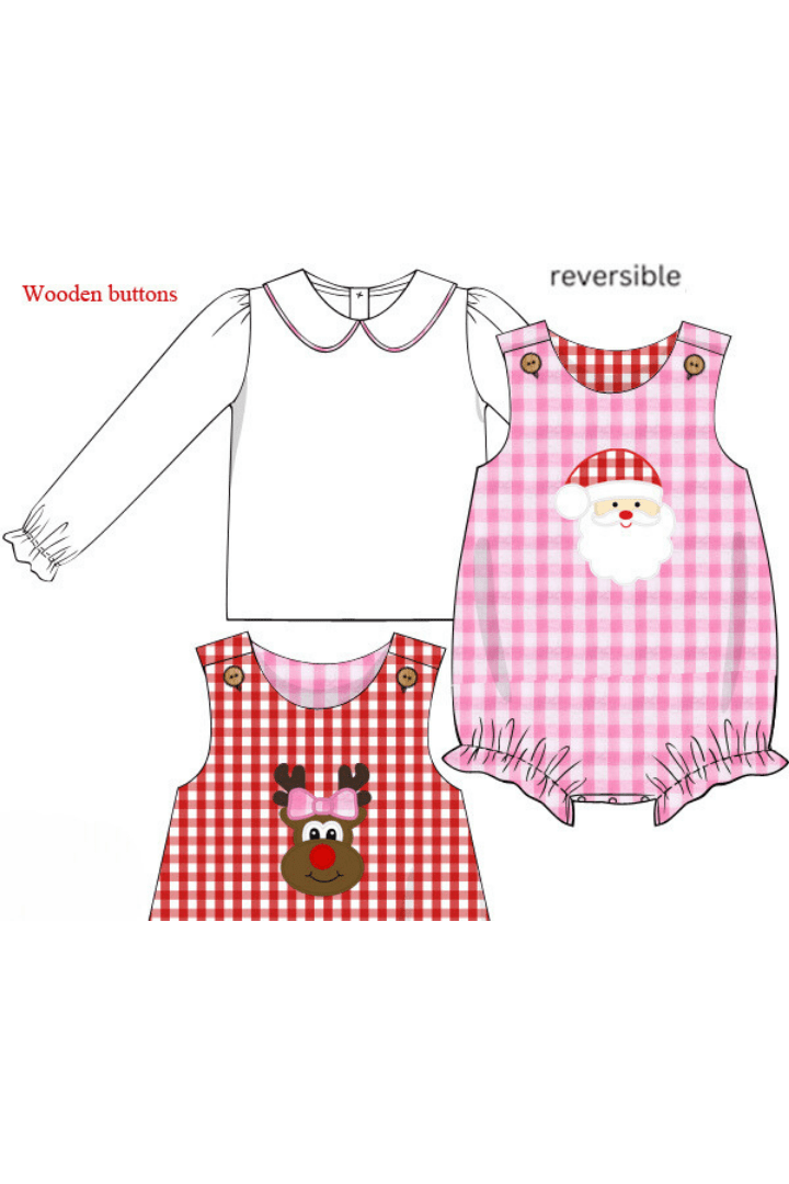 The Smocked Flamingo Apparel & Accessories Pre-Order Santa/Reindeer Reversible Applique Gingham Bubble