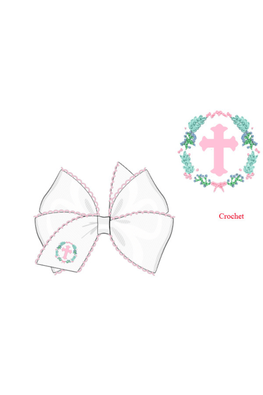 The Smocked Flamingo Apparel & Accessories Pre-Order Scalloped Edge Grosgrain Bow with Crochet Cross Pink/White