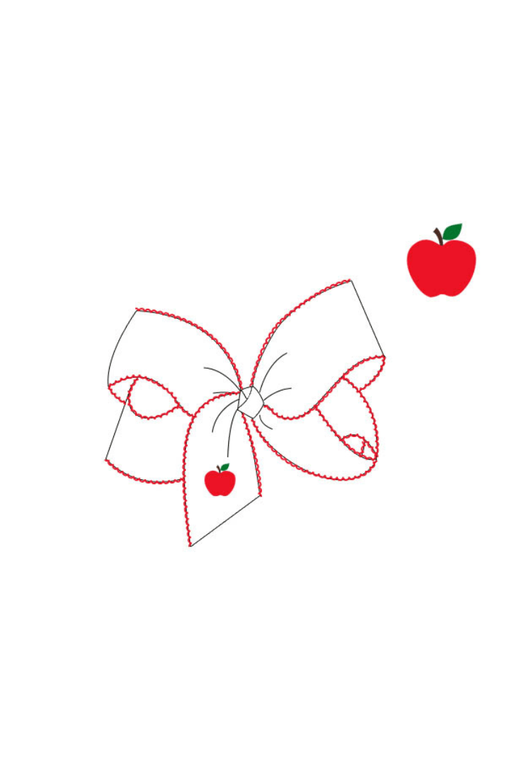 The Smocked Flamingo Apparel & Accessories Pre-Order Scalloped Edge Grosgrain Bow with Embroidered Apple White/Red