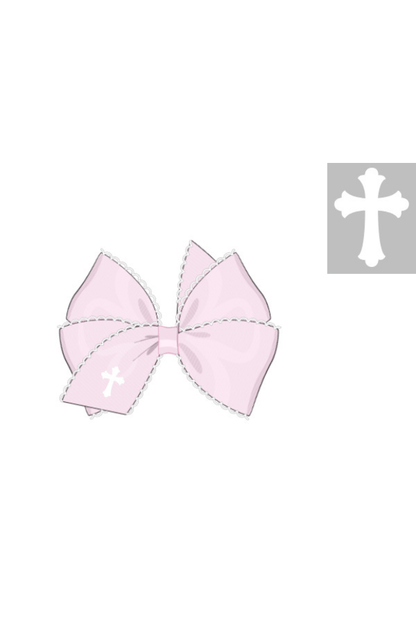 The Smocked Flamingo Apparel & Accessories Pre-Order Scalloped Edge Grosgrain Bow with Embroidered Cross Pink/White