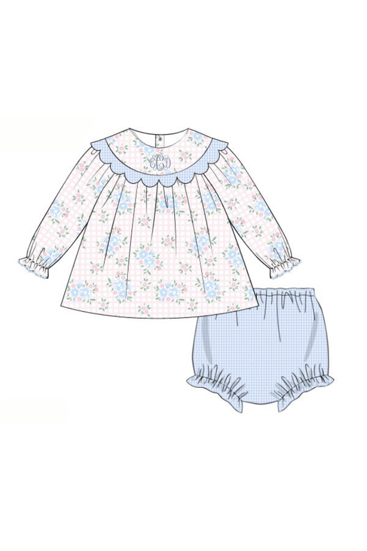 The Smocked Flamingo Apparel & Accessories Pre-Order Scalloped Pink Floral and Blue Gingham Pique Bloomer Set