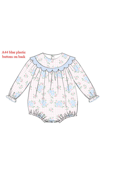 The Smocked Flamingo Apparel & Accessories Pre-Order Scalloped Pink Floral and Blue Gingham Pique Bubble