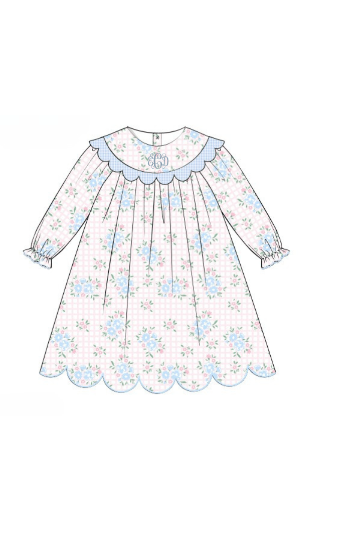 The Smocked Flamingo Apparel & Accessories Pre-Order Scalloped Pink Floral and Blue Gingham Pique Dress