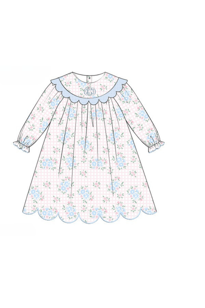 The Smocked Flamingo Apparel & Accessories Pre-Order Scalloped Pink Floral and Blue Gingham Pique Dress