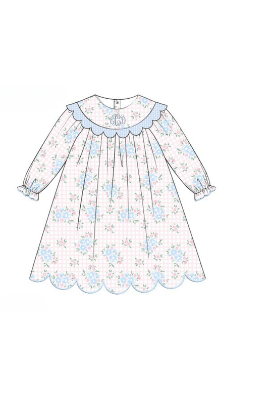 The Smocked Flamingo Apparel & Accessories Pre-Order Scalloped Pink Floral and Blue Gingham Pique Dress