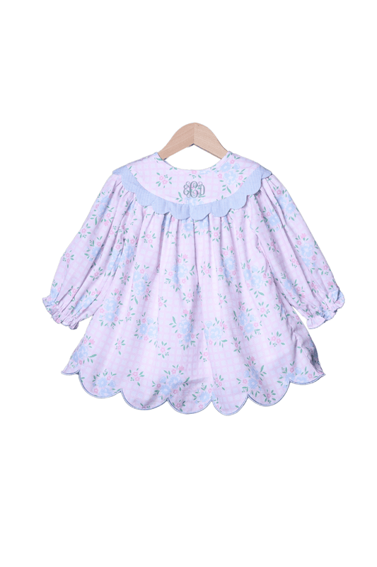 The Smocked Flamingo Apparel & Accessories Pre-Order Scalloped Pink Floral and Blue Gingham Pique Dress
