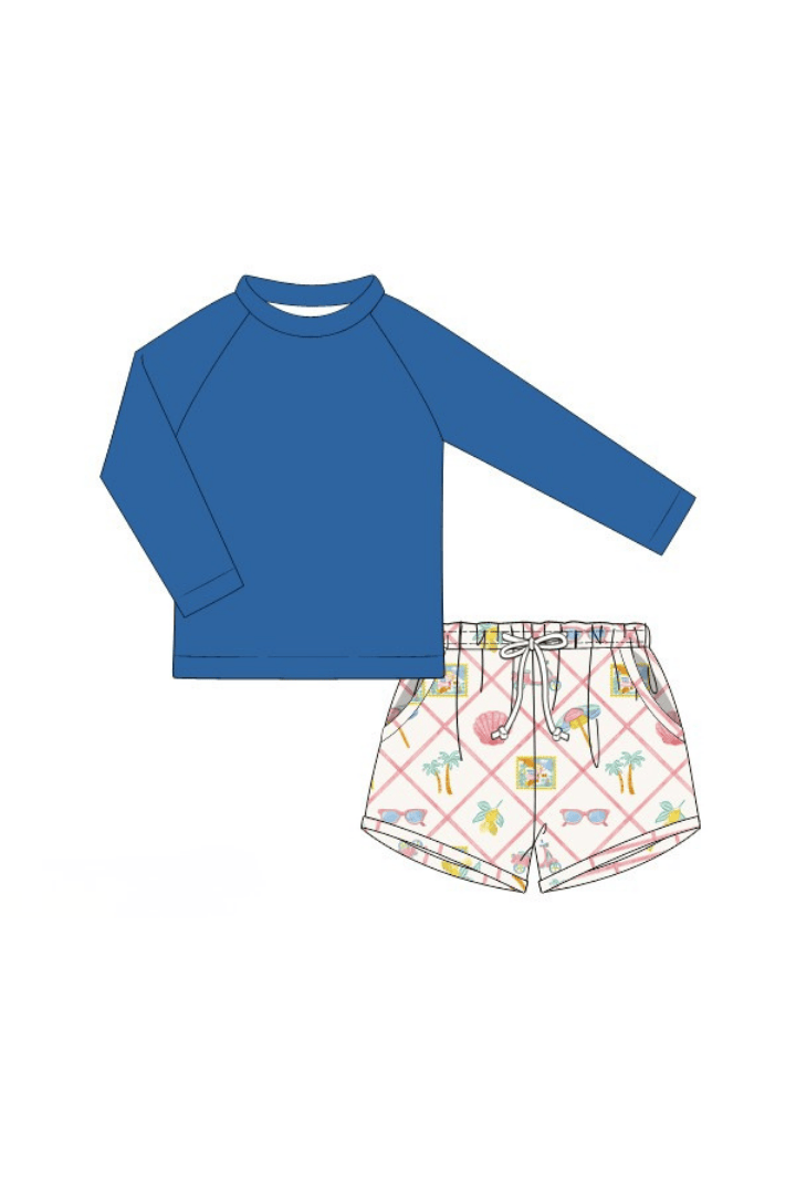 The Smocked Flamingo Apparel & Accessories Pre-Order Seaside Charm Rashguard and Swim Trunks 2Pc Set
