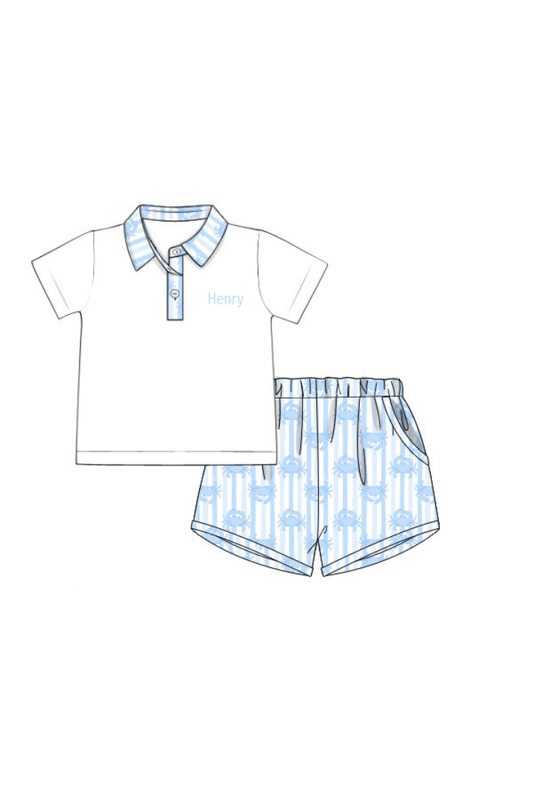 The Smocked Flamingo Apparel & Accessories Pre-Order Seaside Crab Blue Short Set