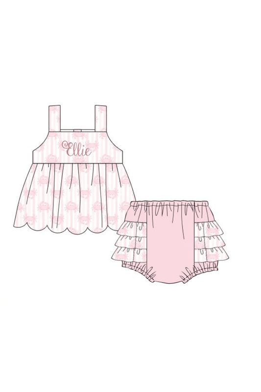 The Smocked Flamingo Apparel & Accessories Pre-Order Seaside Crab Pink Ruffle Bloomer Set