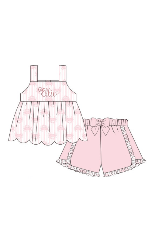 The Smocked Flamingo Apparel & Accessories Pre-Order Seaside Crab Pink Ruffle Short Set