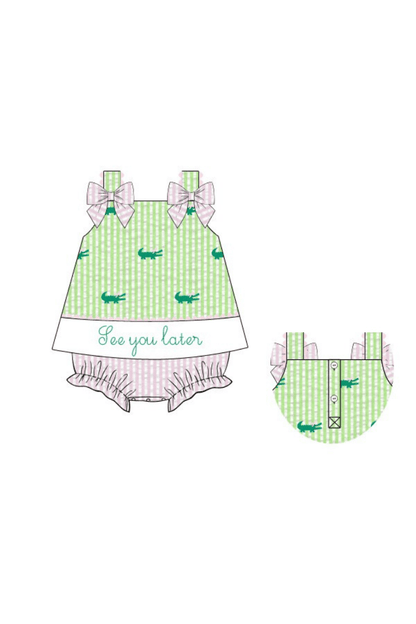The Smocked Flamingo Apparel & Accessories Pre-Order See Ya Later, Alligator Seersucker Bow Skirted Bubble