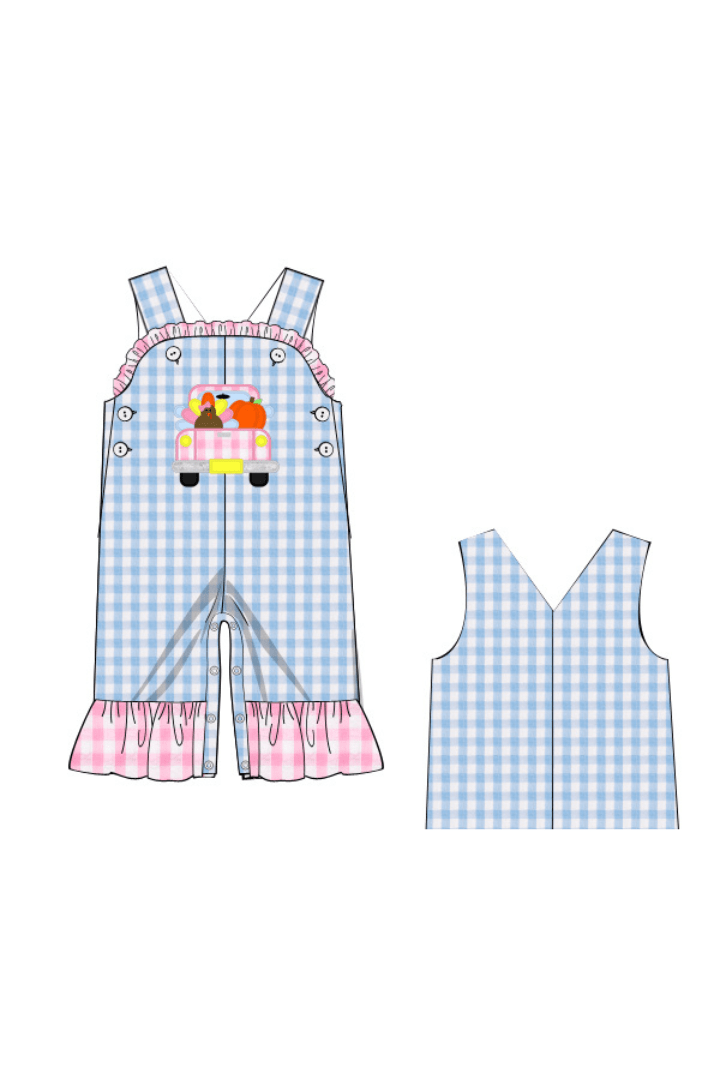 The Smocked Flamingo Apparel & Accessories Pre-Order Seersucker Gingham Turkey Truck Applique Romper