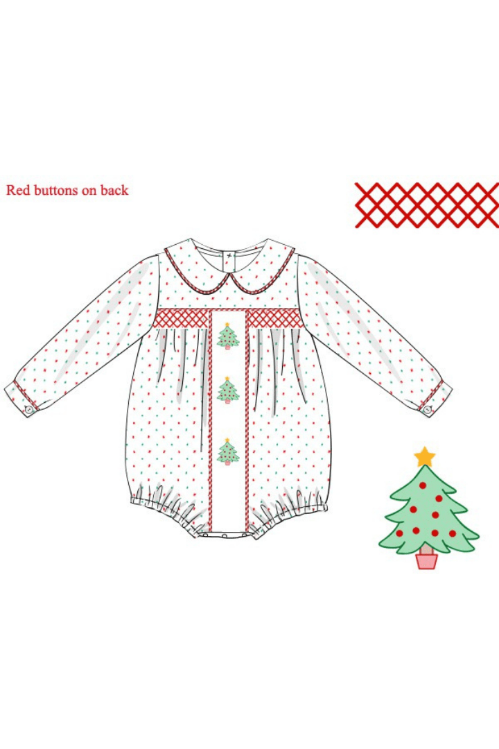 The Smocked Flamingo Apparel & Accessories Pre-Order Shadow Embroidery Christmas Tree Swiss Dot Bubble