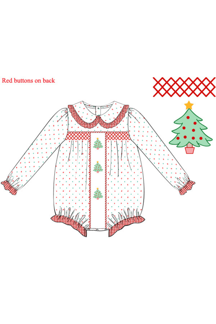 The Smocked Flamingo Apparel & Accessories Pre-Order Shadow Embroidery Christmas Tree Swiss Dot Ruffle Bubble