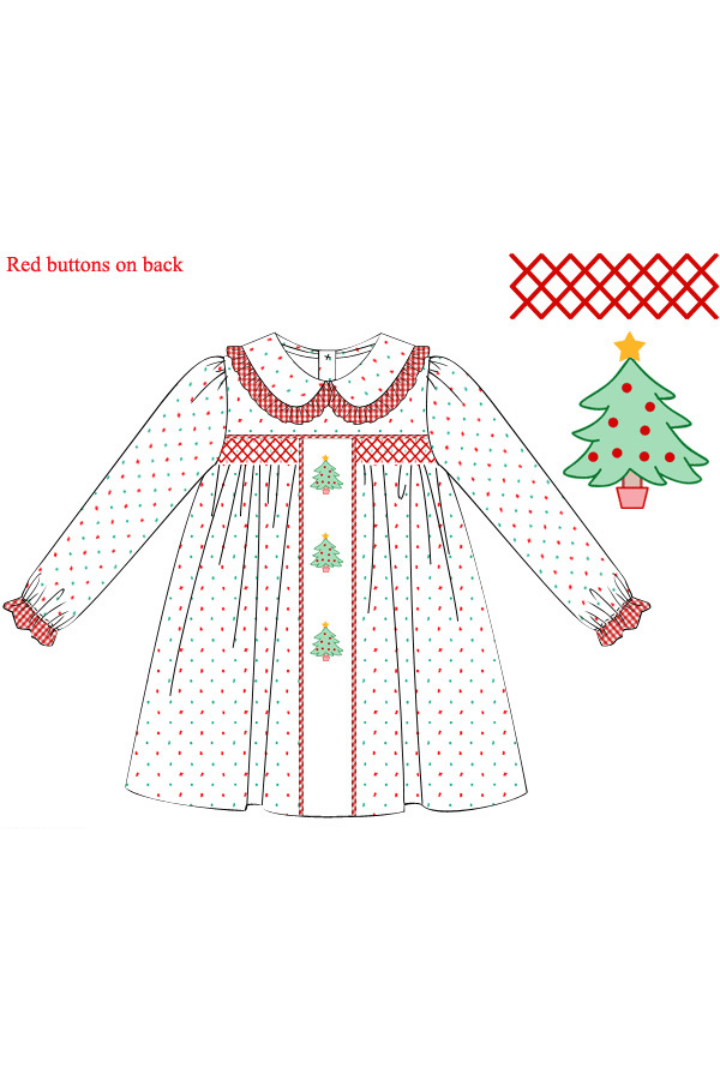 The Smocked Flamingo Apparel & Accessories Pre-Order Shadow Embroidery Christmas Tree Swiss Dot Ruffle Dress