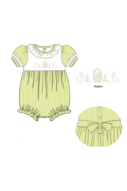 The Smocked Flamingo Apparel & Accessories Pre-Order Shadow Embroidery Easter Bunny Basket Yellow Linen Bubble
