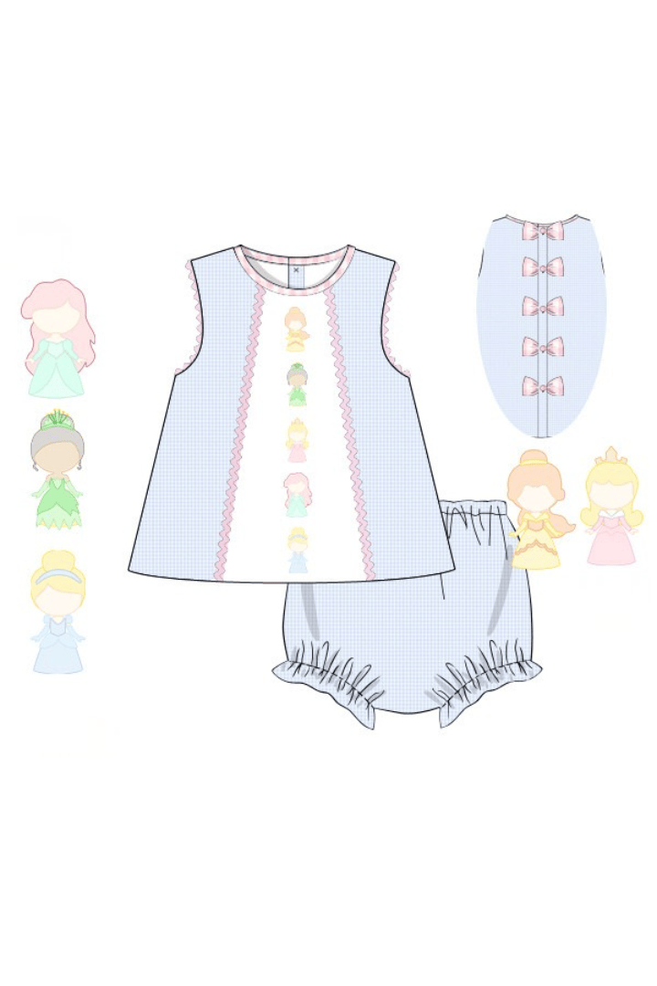 The Smocked Flamingo Apparel & Accessories Pre-Order Shadow Embroidery Princess Blue Gingham Bow Bloomer Set