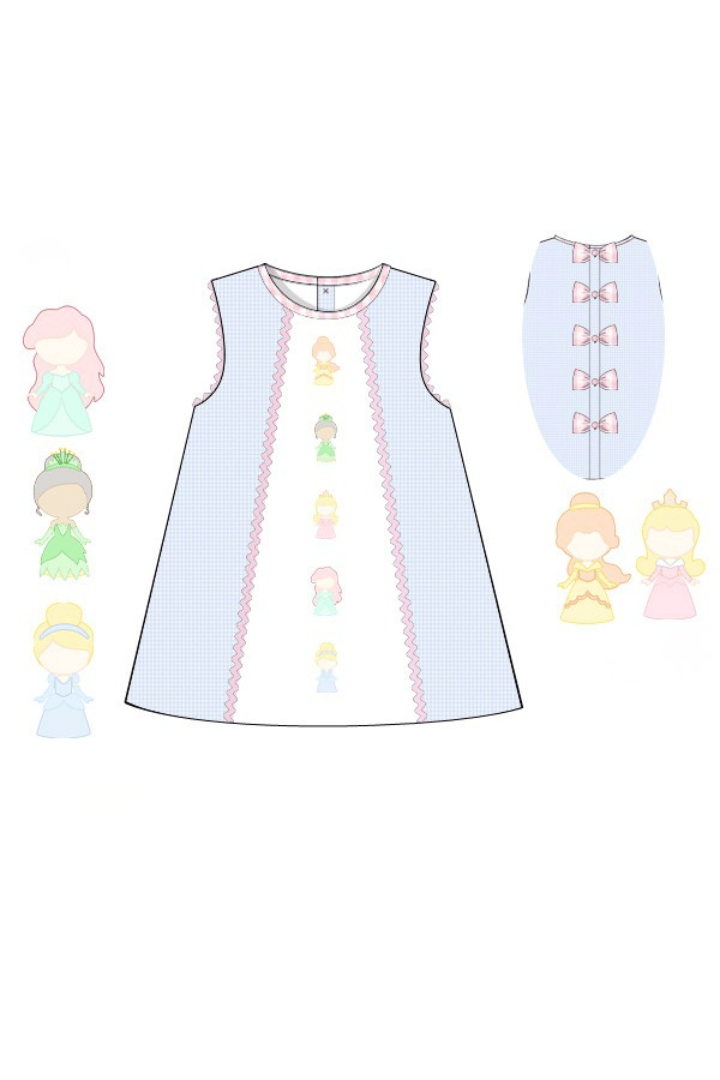 The Smocked Flamingo Apparel & Accessories Pre-Order Shadow Embroidery Princess Blue Gingham Bow Dress