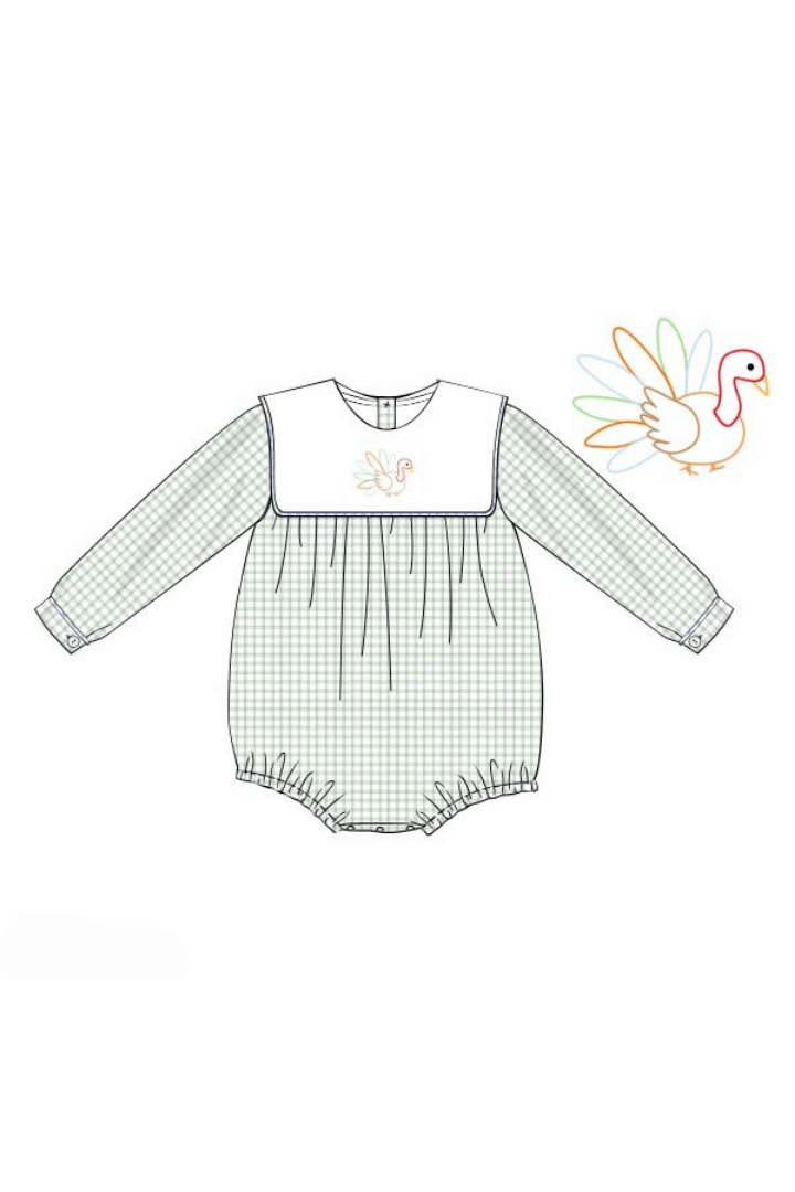 The Smocked Flamingo Apparel & Accessories Pre-Order Shadow Embroidery Turkey Sage Windowpane Apron Bubble