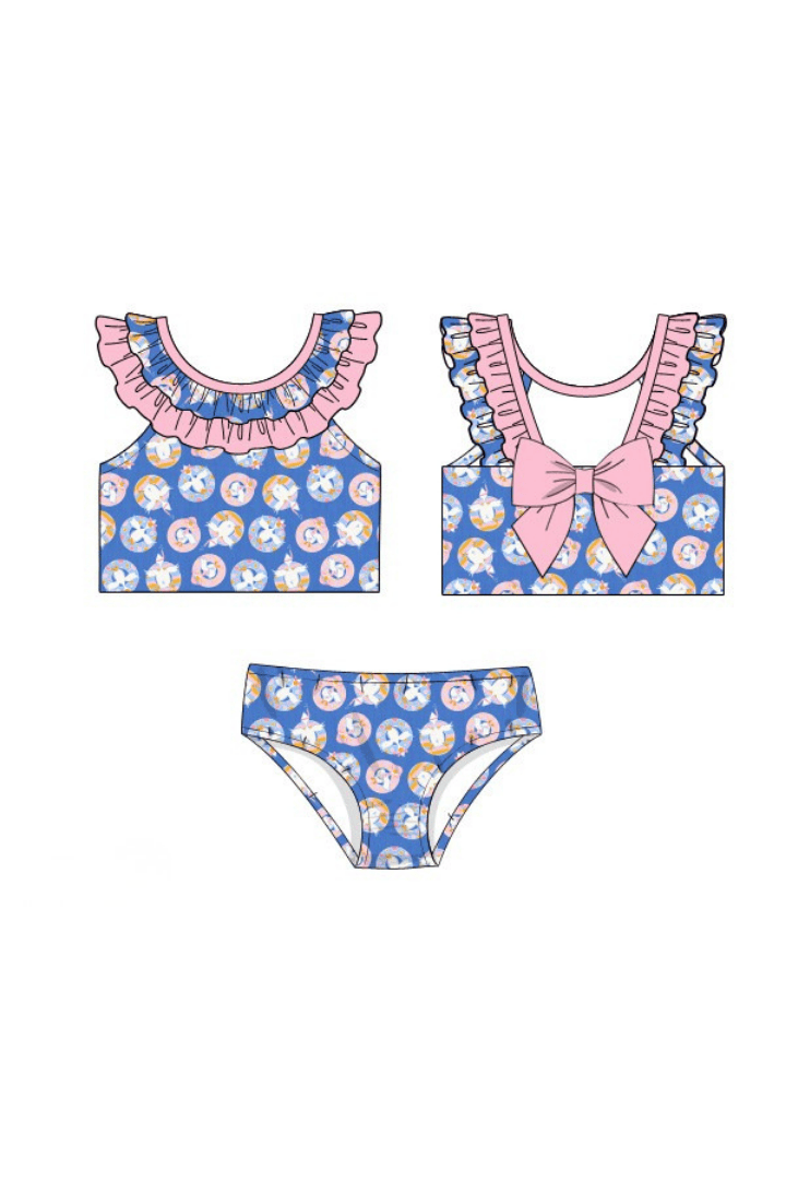 The Smocked Flamingo Apparel & Accessories Pre-Order Silly Goose Blue and Pink Ruffle 2 Pc Swimsuit