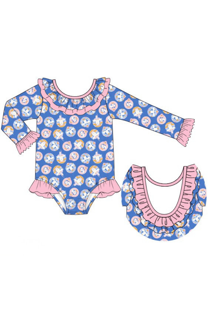 The Smocked Flamingo Apparel & Accessories Pre-Order Silly Goose Blue and Pink Ruffle Swimsuit
