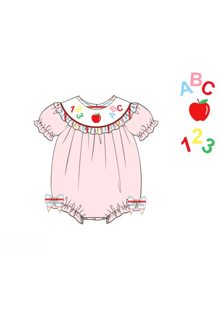 The Smocked Flamingo Apparel & Accessories Pre-Order Smocked ABC/123 Pink/Multi Color Stripe Bubble