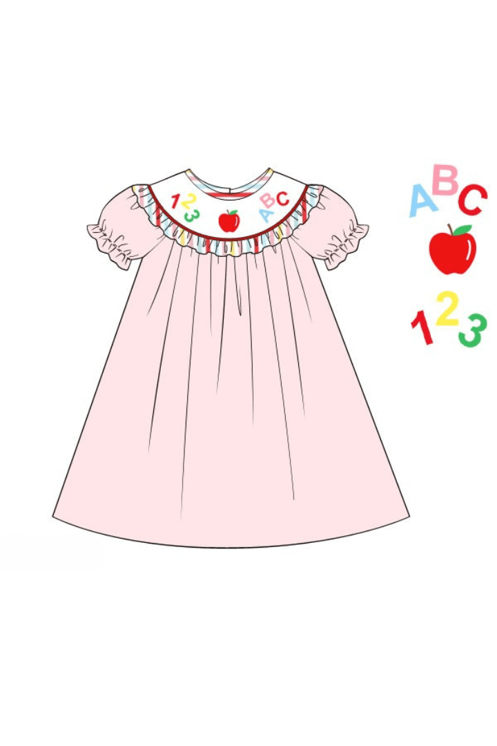 The Smocked Flamingo Apparel & Accessories Pre-Order Smocked ABC/123 Pink/Multi Color Stripe Dress