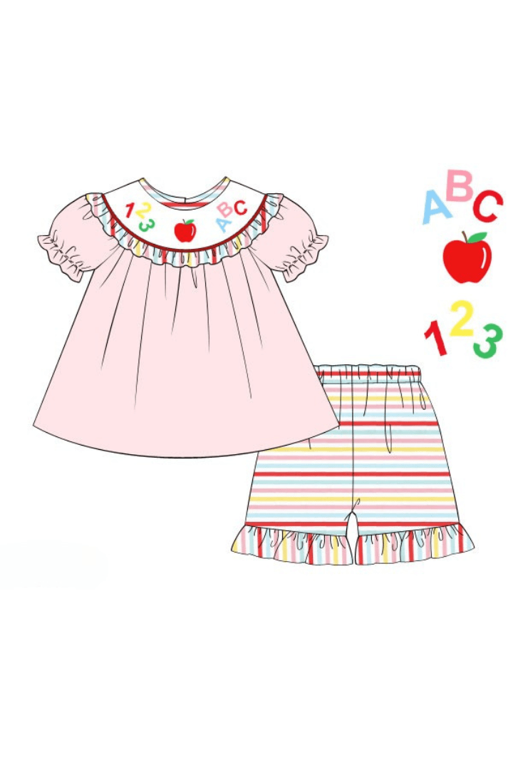 The Smocked Flamingo Apparel & Accessories Pre-Order Smocked ABC/123 Pink/Multi Color Stripe Short Set