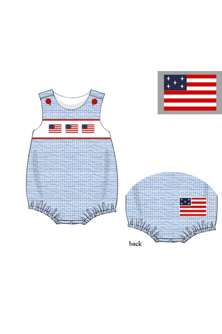The Smocked Flamingo Apparel & Accessories Pre-Order Smocked American Flag Blue Seersucker Bubble